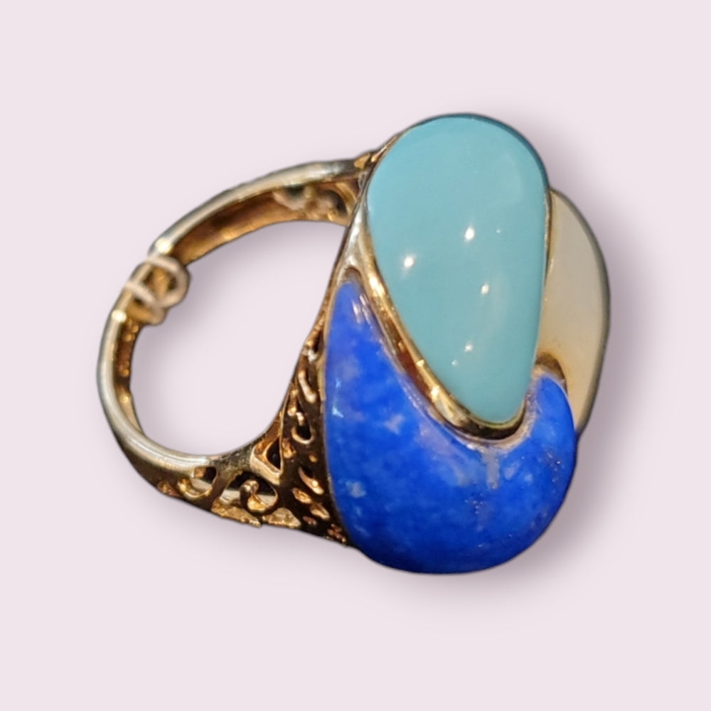 14k Yellow Gold Lapis, Mother of Pearl, & Turquoise Ring Size 5