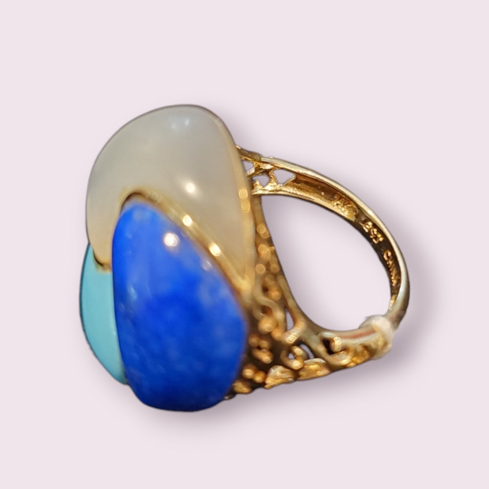 14k Yellow Gold Lapis, Mother of Pearl, & Turquoise Ring Size 5