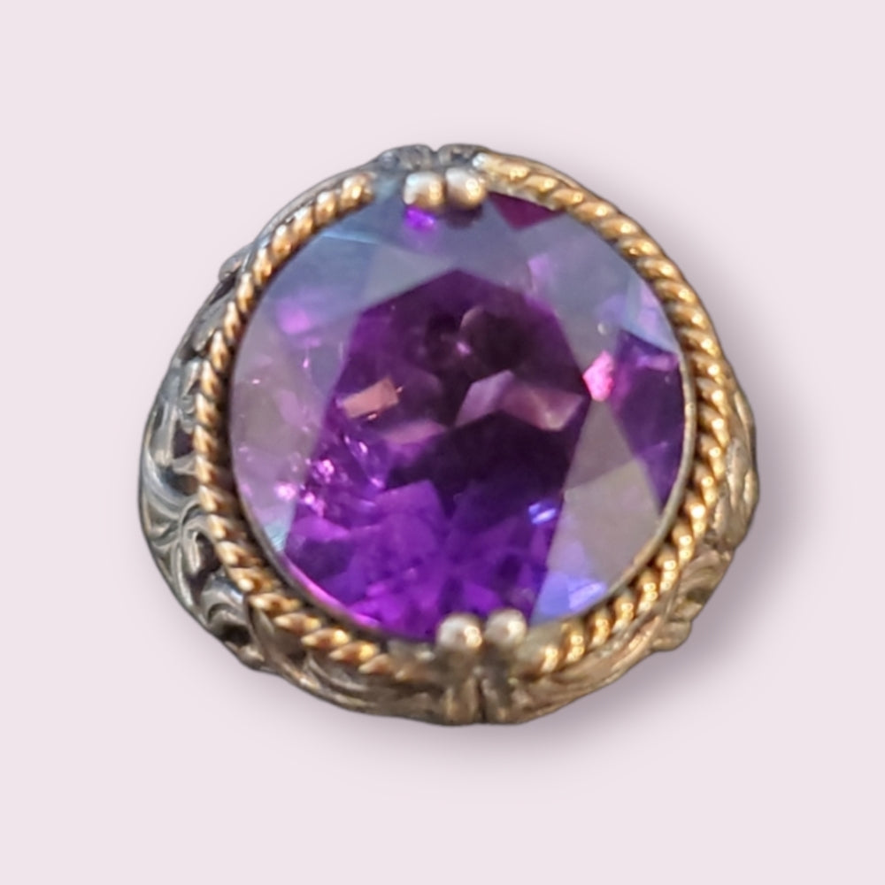 14k Yellow Gold & 925 Sterling Silver Purple Amethyst Ring Size