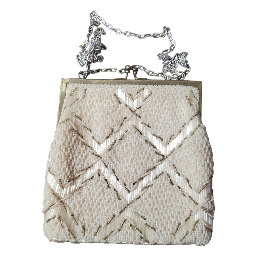 Vintage Glass Beaded Silver & White Bag